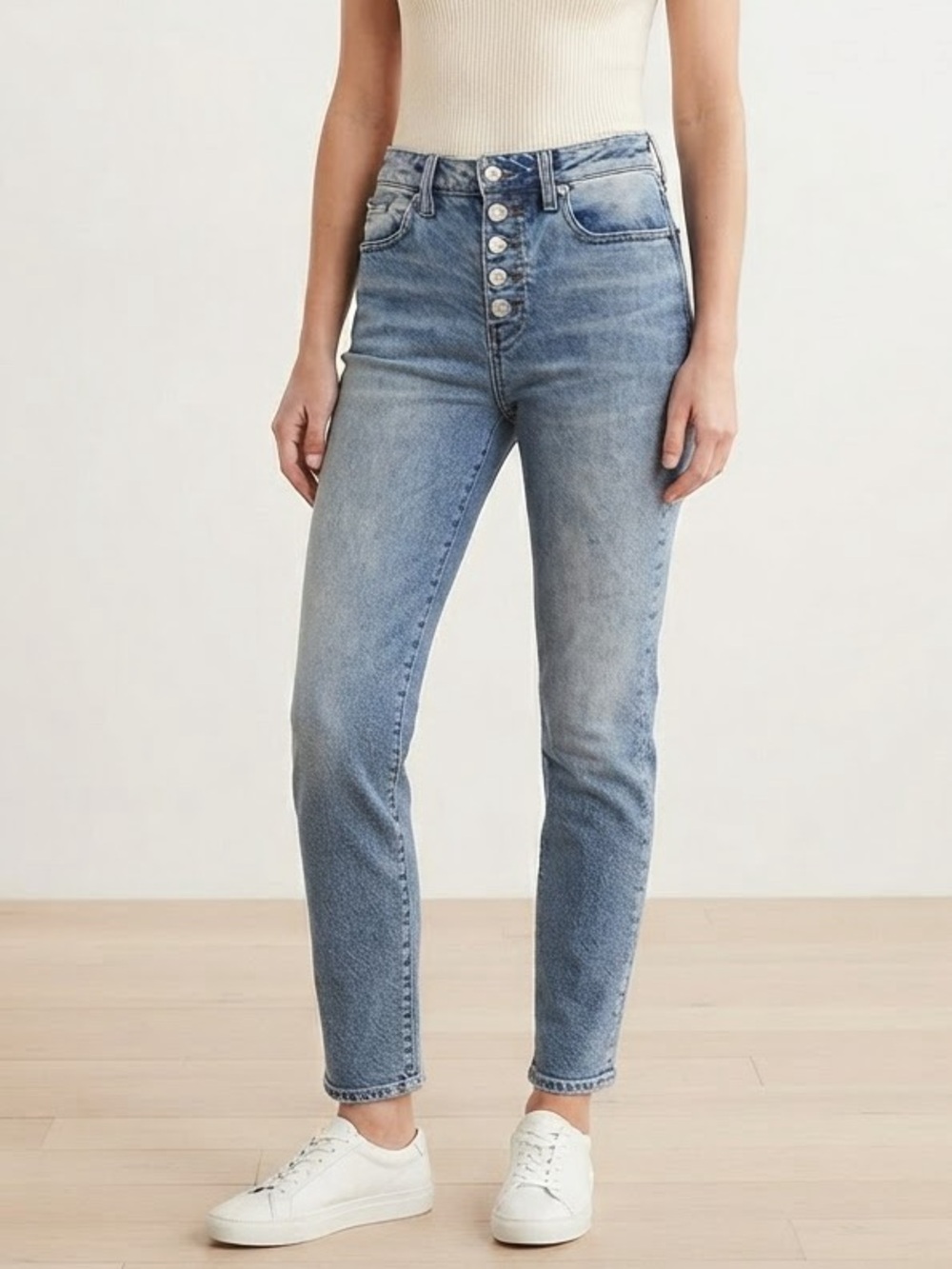 High-Rise Button-Fly Jeans in Light Blue Wash